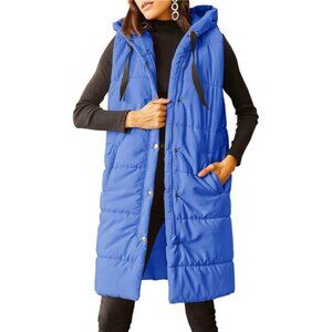 Women's Long Quilted Puffer Vest Hooded Button Down Padded Coats Jacket